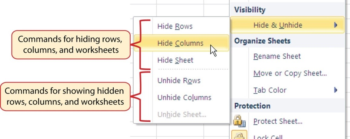 Hide & Unhide drop-down menu with commands for hiding and showing rows, columns, and worksheets.