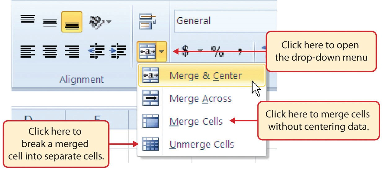Merge Cell Drop-Down Menu featuring Merge & Center, Merge Across, Merge Cells without centering data, and Unmerge Cells to break a merged cell into separate cells.