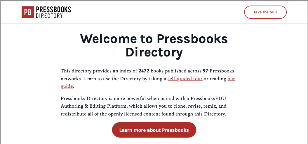 The landing page of the Pressbooks Directory