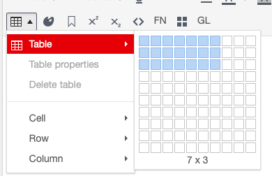The table tool open on the chapter editor