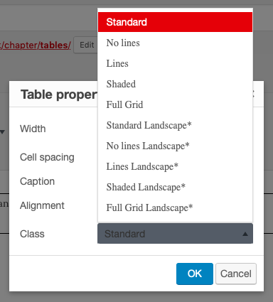 Table classes from the table properties menu