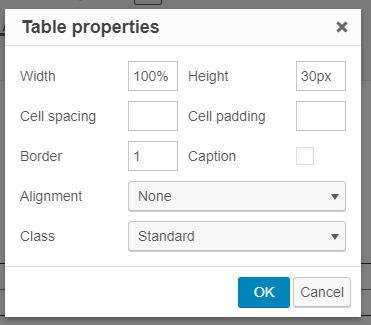 Table properties window in your chapter editor