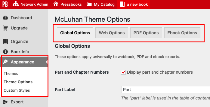 The Theme Options page with Global, PDF, Web, and Ebook tabs highlighted.