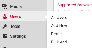 User interface directing to the user menu from the left sidebar