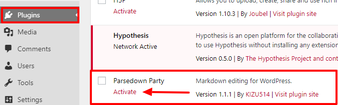 The Activate link is underneath "Parsedown party" on the Plugins page