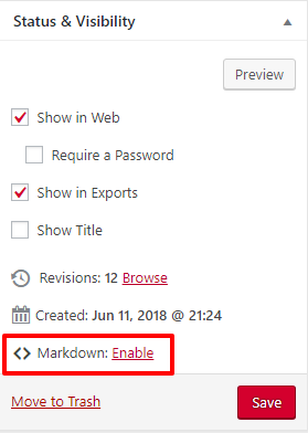 Enable markdown at the bottom of the Status & Visibility menu in the chapter editor interface.