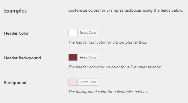 You can select colors for the header color, header background, and background for each of these four textbox types.