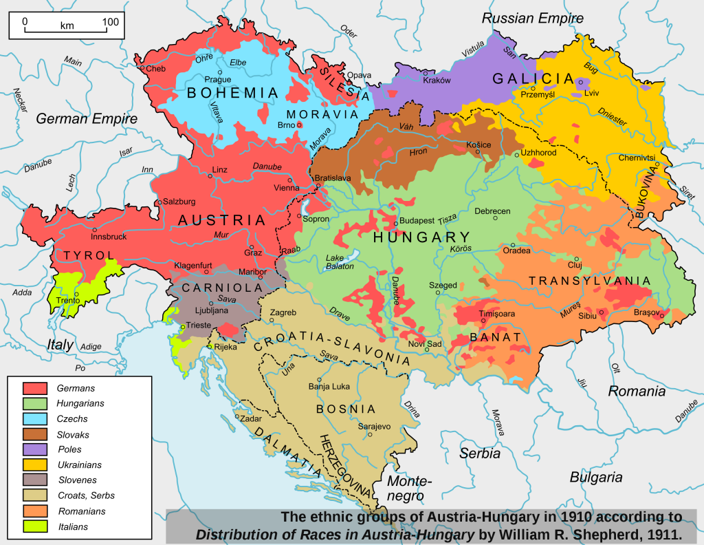 Map showing ethnic groups of Germans, Hungarians, Czechs, Slovaks, Poles, Ukrainians, Slovenes, Corats,Serbs, Romanians and Italians of Austria-Hungary in 1910.