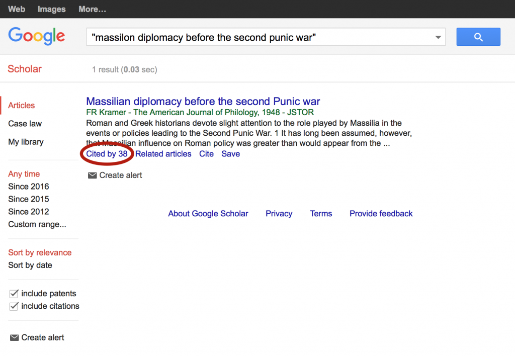 A Google Scholar search for “Massillion Diplomacy before the Second Punic War” shows over 30 other publications have cited the work.